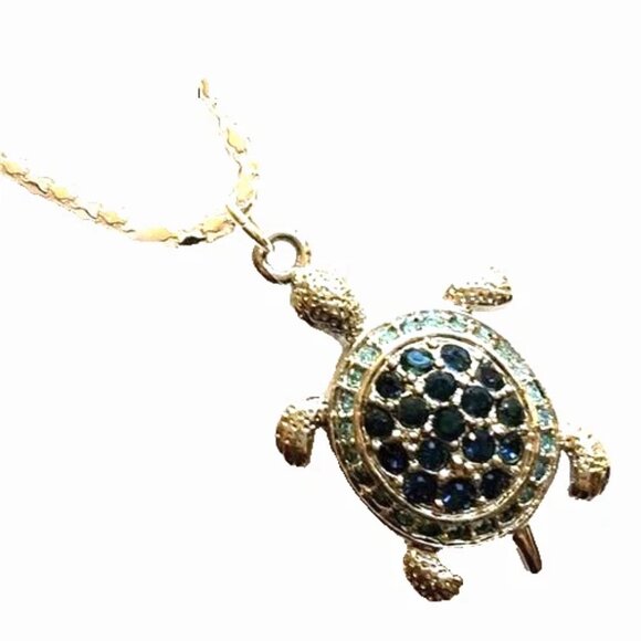 Silver Blue Crystal Sea Turtle Necklace Pendant Island Nautical Plated 17" - Picture 4 of 10